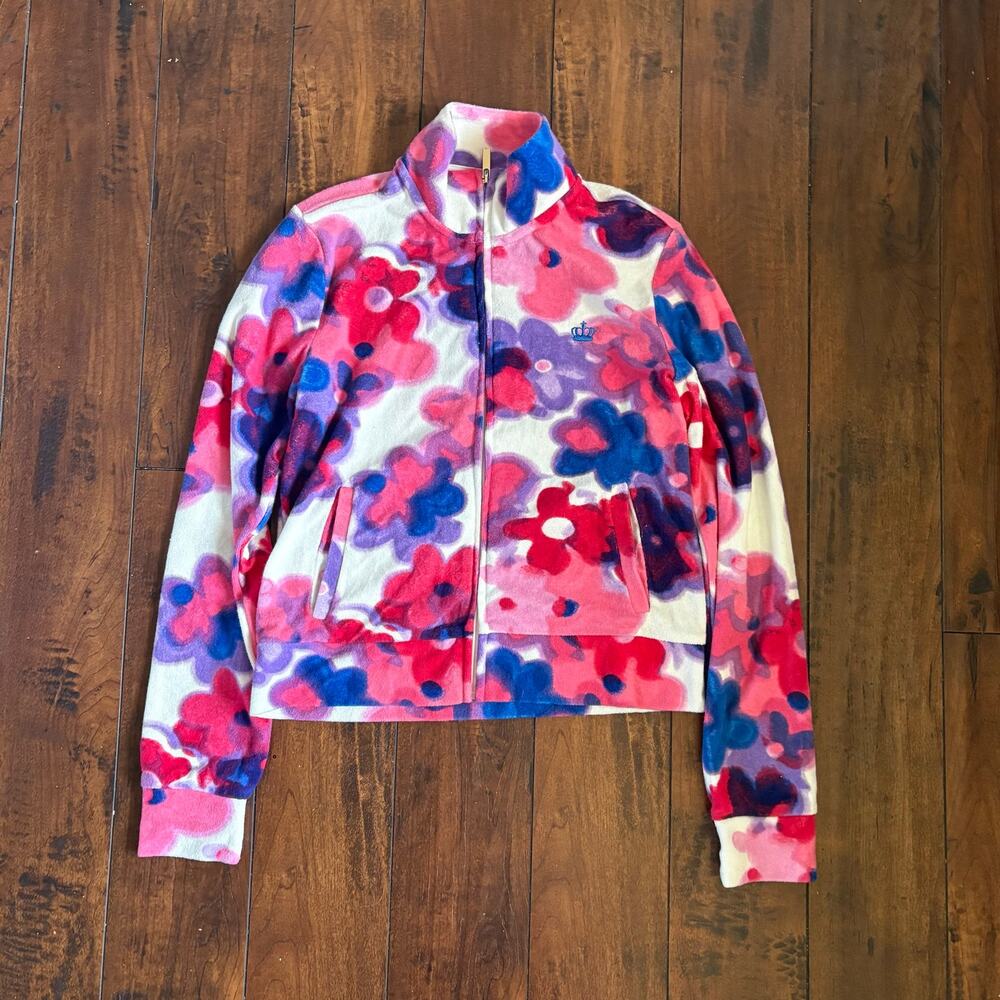 Y2K Juicy Couture Jacket Womens S Pink Floral AOP Terry Cloth 2000s Mock Neck